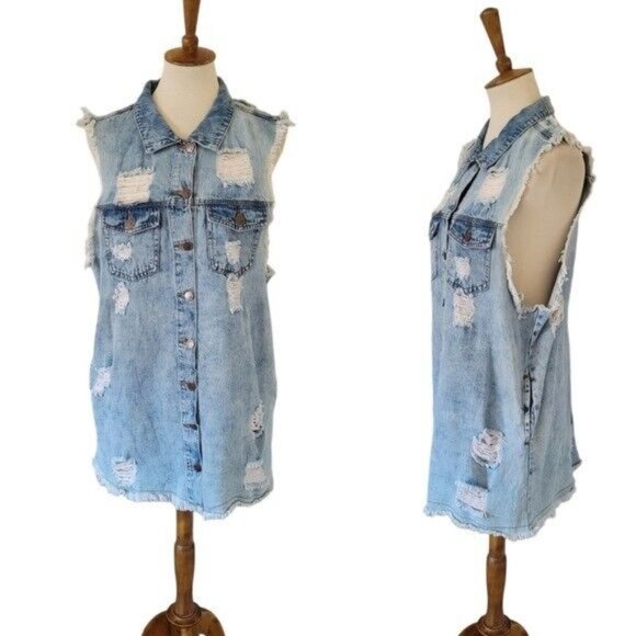 Roma Studio Premium Collection Denim Distressed Vest Dress - Picture 1 of 15